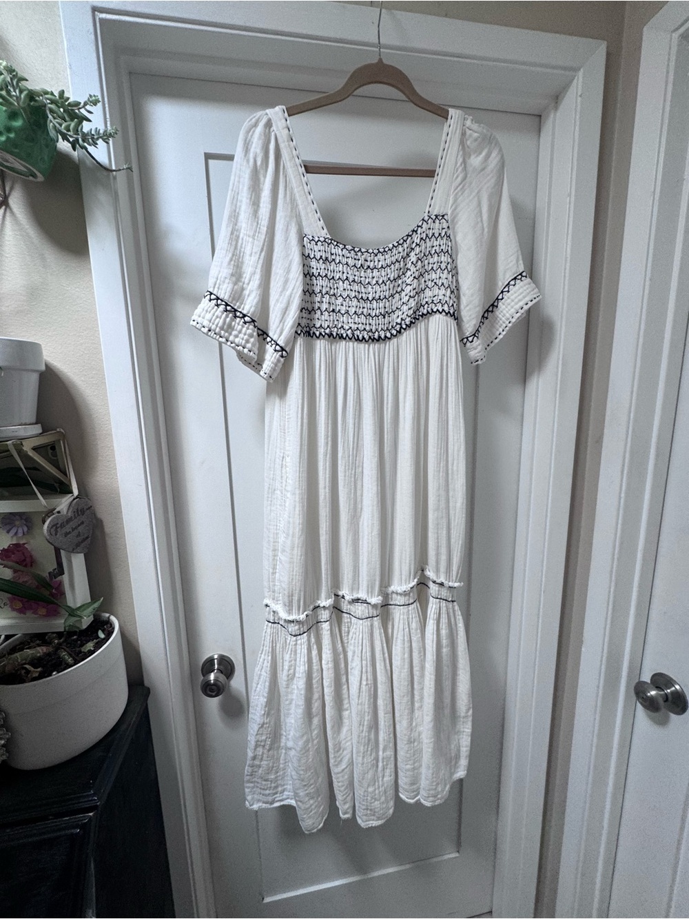 Free People White Smocked Boho Maxi Dress with Black Embroidery